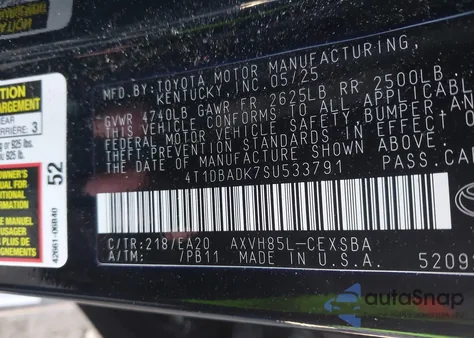 2025 Toyota Camry Se from USA, damaged, VIN 4T1DBADK7SU533791